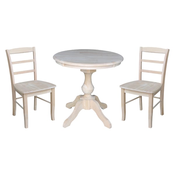 International Concepts Round 30 in Round Top Pedestal Table, with 2 Madrid Chairs, Unfinished, 30 in W, 30 in L, 28.9 in H K-30RT-11B-C2-2 - main